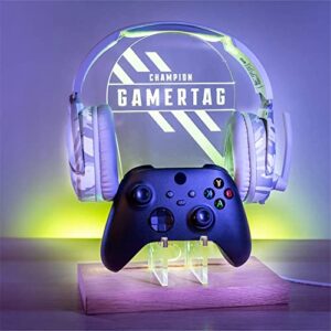 Personalised Headset Controller Holder, RGB LED Gaming Station Console Controller Holder - Hooded Gamer | Gamer Gift Idea | Custom Gamer Name Headphone Hanger