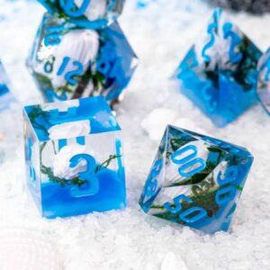 Blue Ocean Seashell Sharp DND Dice Set with Leather Dice Box | for Dungeons and Dragons, D&D, Sharp Edge, D20 Polyhedral Resin Dice, Dungeons and Dragons Gifts, Accessories