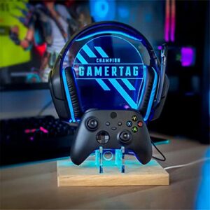 personalised headset controller holder, rgb led gaming station console controller holder - hooded gamer | gamer gift idea | custom gamer name headphone hanger