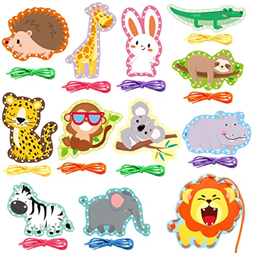 Jungle Animal Lacing Cards 12 Pack Sewing Kits for Kids Lion Wild Animal Cardboard Double Side Kids Sewing Cards Lacing Playing Games for Developing Imagination Preschool Educational Learning Activity