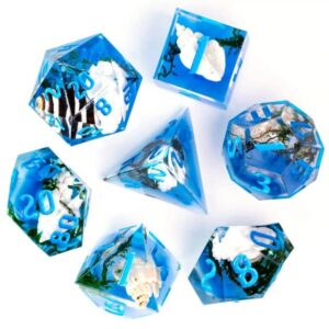 Blue Ocean Seashell Sharp DND Dice Set with Leather Dice Box | for Dungeons and Dragons, D&D, Sharp Edge, D20 Polyhedral Resin Dice, Dungeons and Dragons Gifts, Accessories