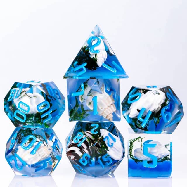 Blue Ocean Seashell Sharp DND Dice Set with Leather Dice Box | for Dungeons and Dragons, D&D, Sharp Edge, D20 Polyhedral Resin Dice, Dungeons and Dragons Gifts, Accessories