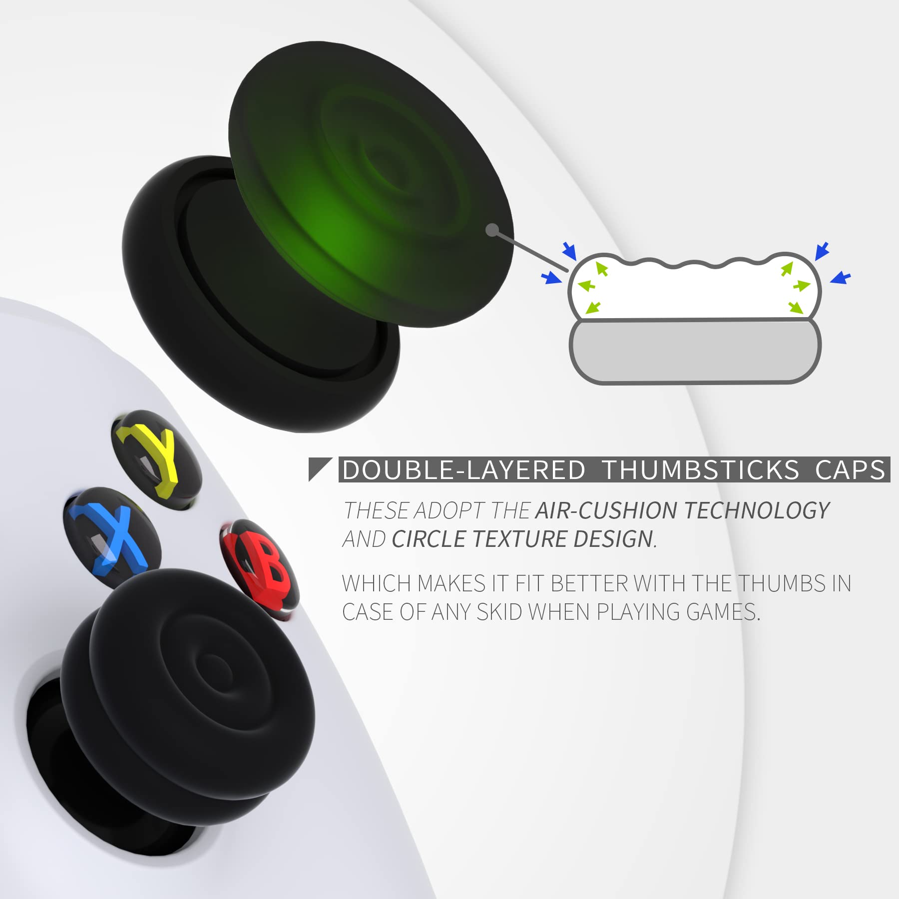 PlayVital Thumbs Cushion Caps Thumb Grips for ps5, for ps4, Thumbstick Grip Cover for Xbox Series X/S, Thumb Grip Caps for Xbox One, Elite Series 2, for Switch Pro Controller - Black