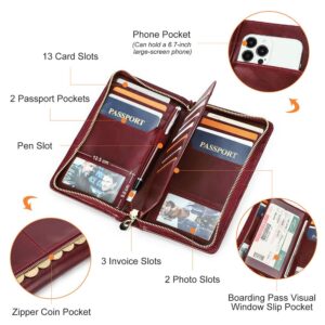 Contacts Travel Passport Wallet for 4 Women Leather Passport Holder RFID Blocking Card Organizer Large Capacity Wristlet Clutch Purse Red with 13 Card Slot