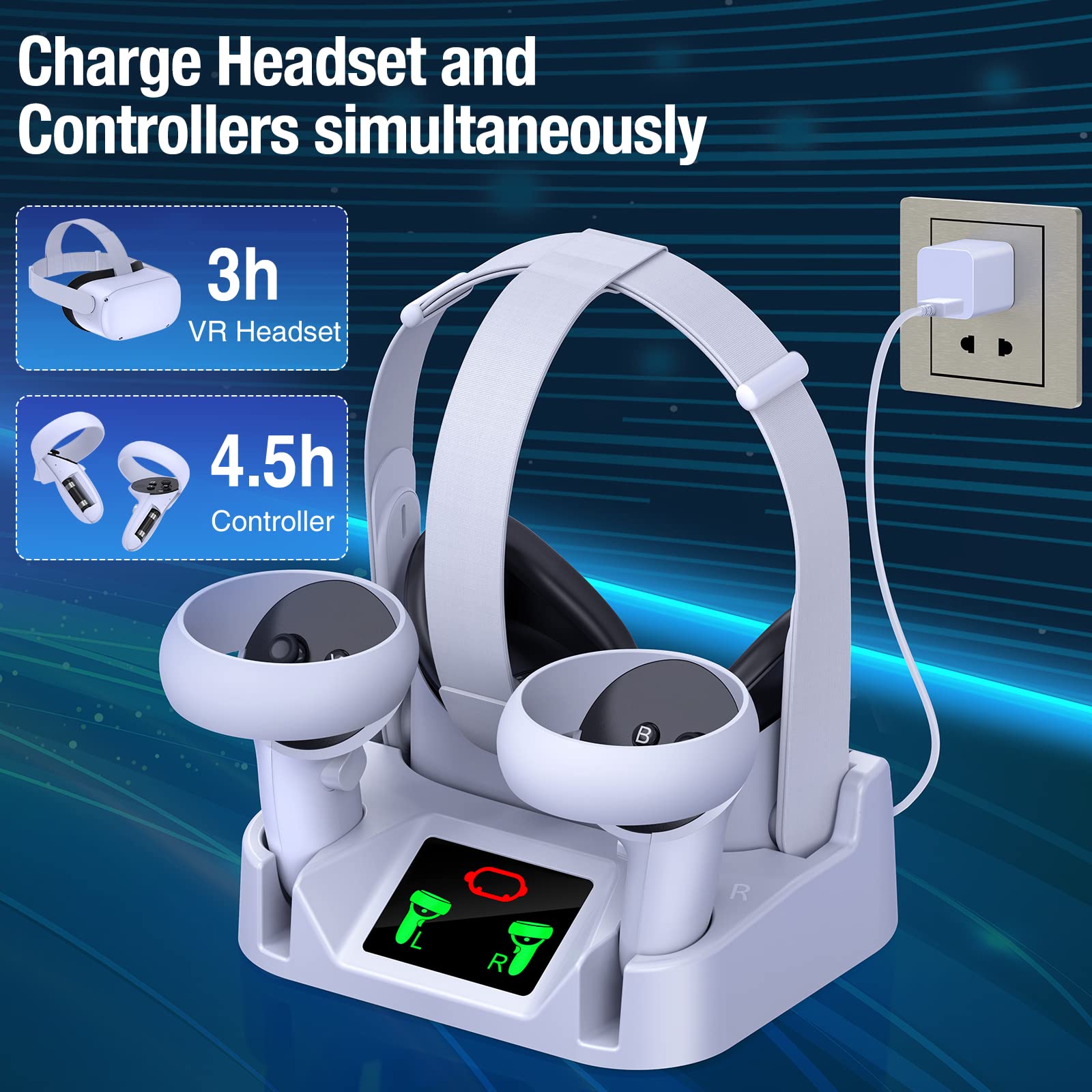 VR Charging Dock Compatible for Meta/Oculus Quest 2 - Charging Station Supports LED Indicator/Simultaneously Magnetic Charging Headset and Touch Controller, with 2x1800mAH Rechargeable Batteries