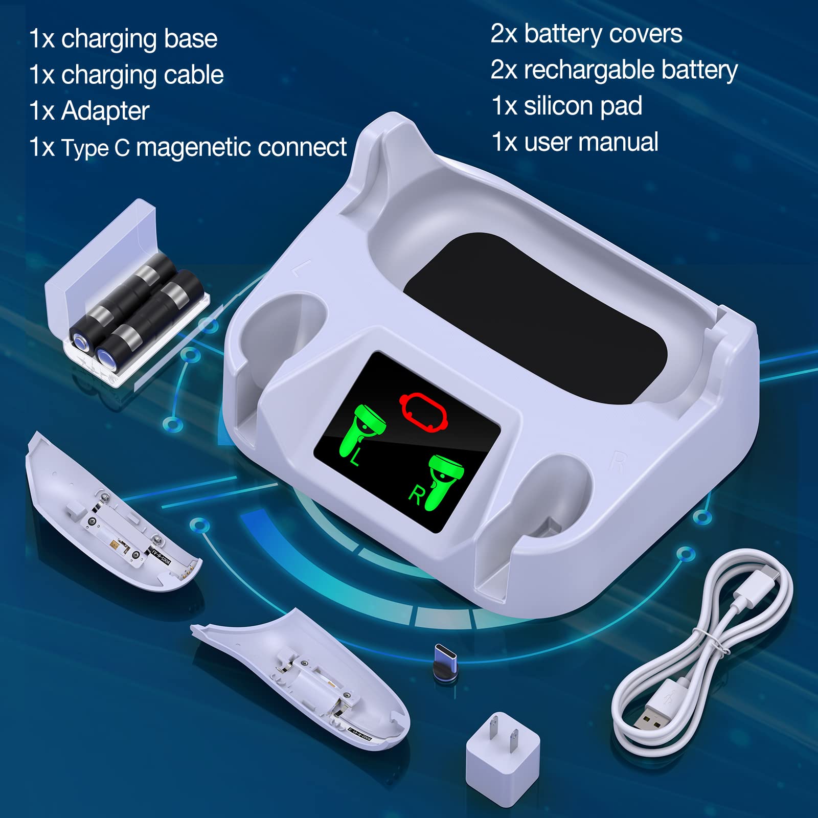 VR Charging Dock Compatible for Meta/Oculus Quest 2 - Charging Station Supports LED Indicator/Simultaneously Magnetic Charging Headset and Touch Controller, with 2x1800mAH Rechargeable Batteries