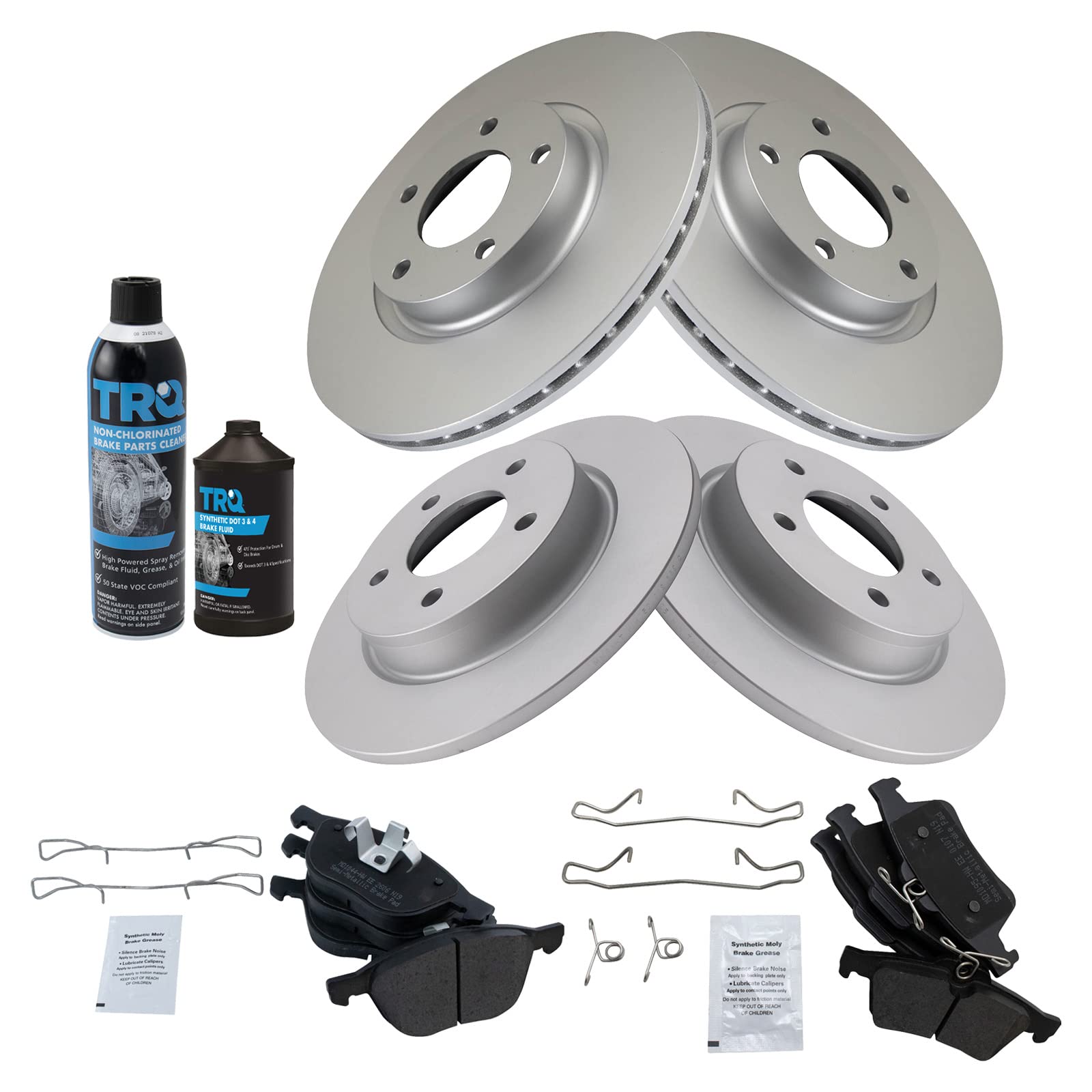 TRQ Front and Rear Brake Pad & Rotor Kit Brake Chemical Kit Brake Pads Brake Rotor Semi-Metallic Premium G-Coated Compatible with 2006-2013 Mazda 3