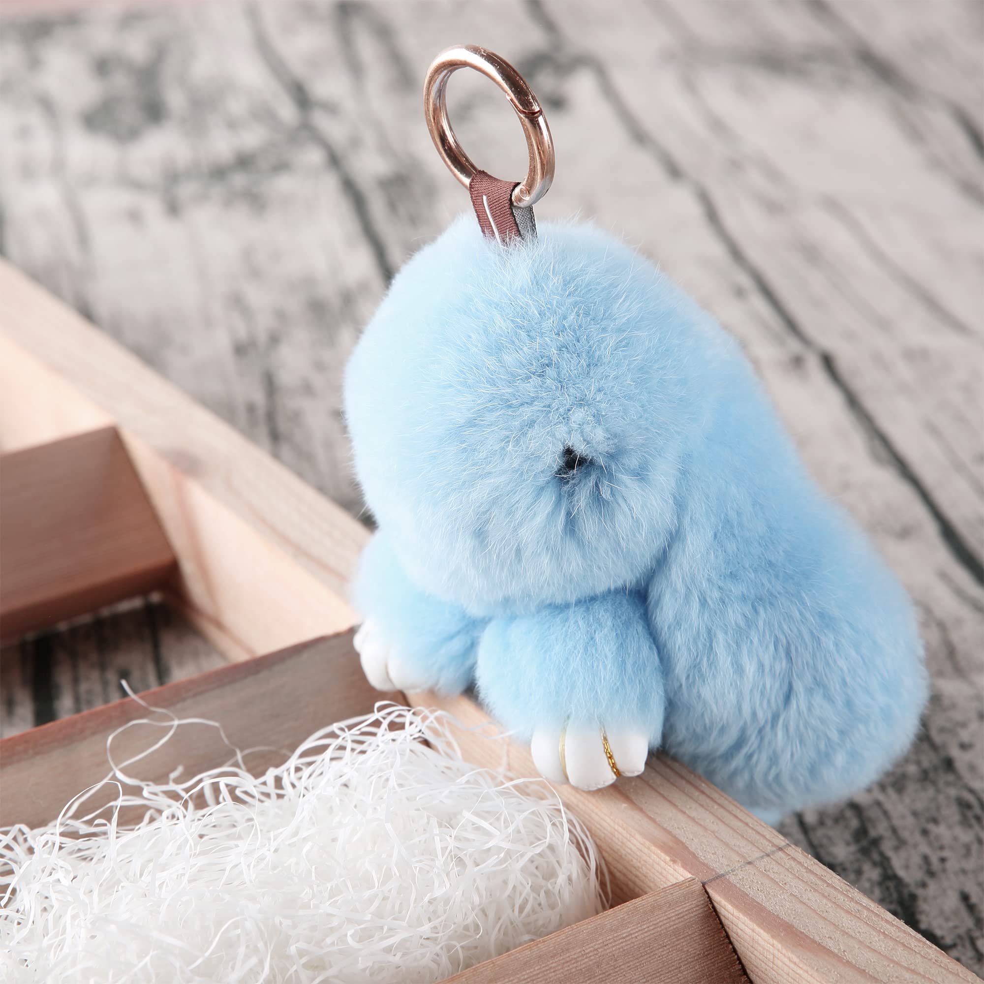 YISEVEN Easter Basket Stuffers Bunny Stuffed Animal Plush Toy Rabbit Fur Keychain Fluffy Soft Cute Fuzzy Accessories Furry Ball Key Chain Gift for Women Teens Girls Kids Backpack Purse - Arctic Blue