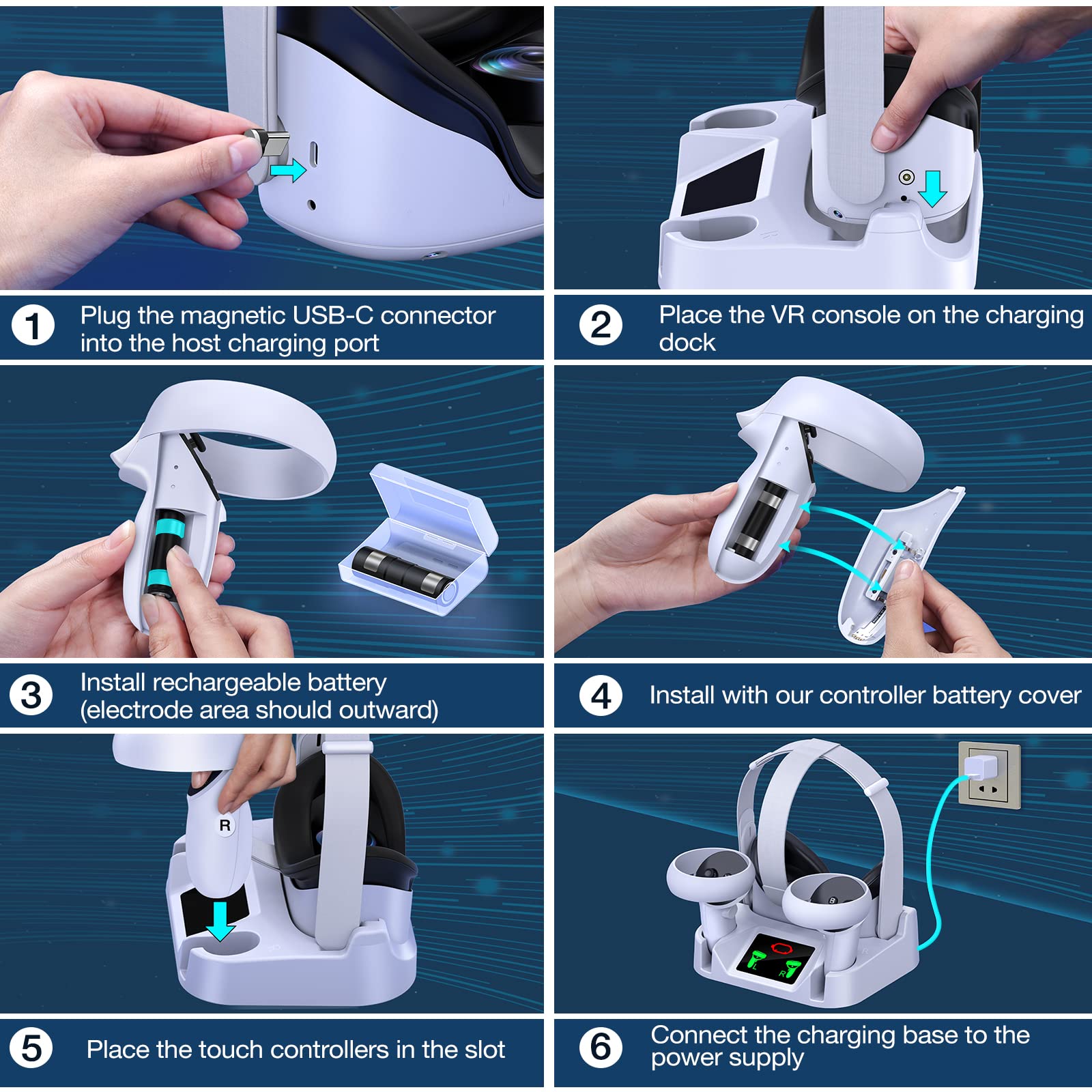 VR Charging Dock Compatible for Meta/Oculus Quest 2 - Charging Station Supports LED Indicator/Simultaneously Magnetic Charging Headset and Touch Controller, with 2x1800mAH Rechargeable Batteries