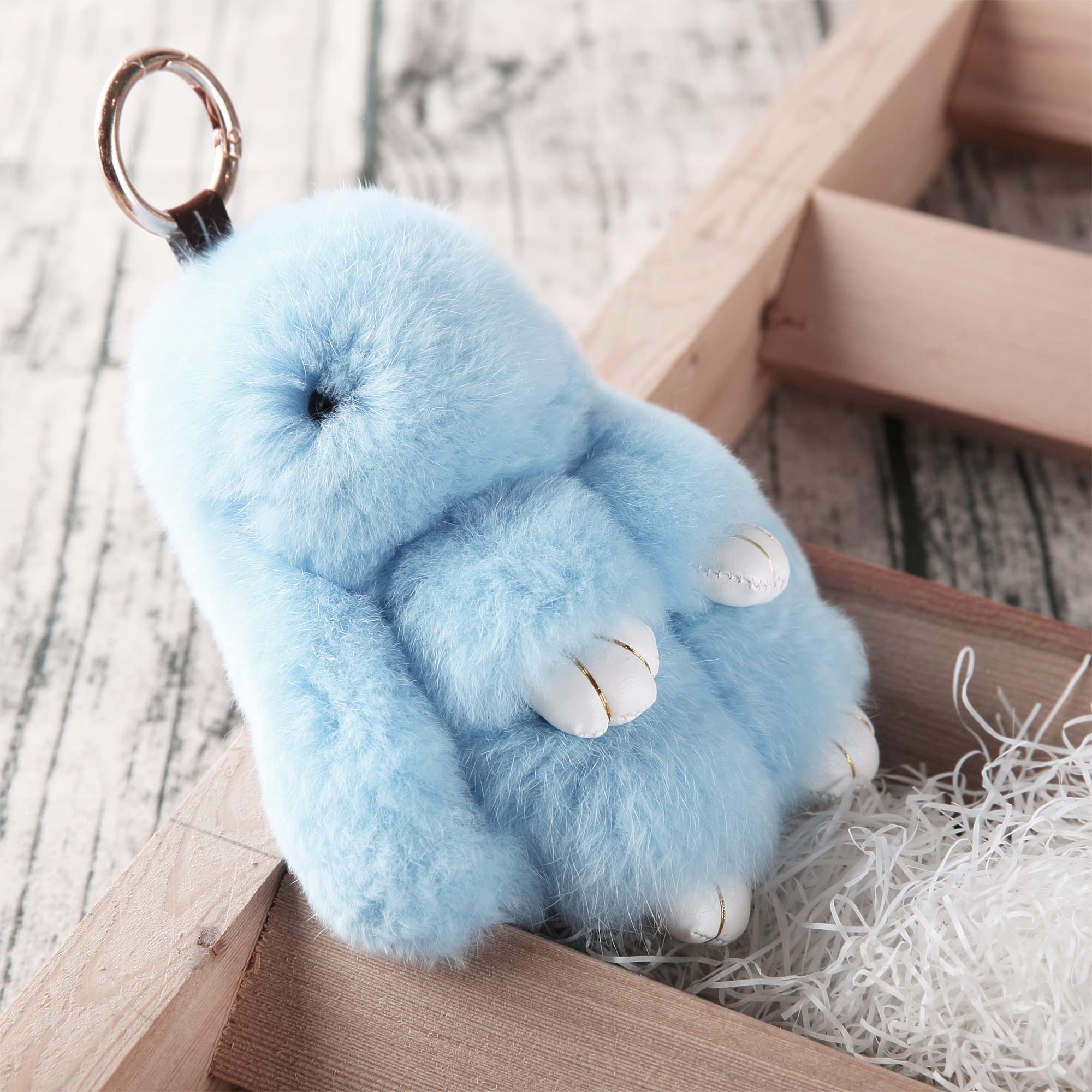 YISEVEN Easter Basket Stuffers Bunny Stuffed Animal Plush Toy Rabbit Fur Keychain Fluffy Soft Cute Fuzzy Accessories Furry Ball Key Chain Gift for Women Teens Girls Kids Backpack Purse - Arctic Blue