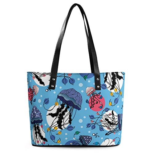 Womens Handbag Jellyfish Pattern Leather Tote Bag Top Handle Satchel Bags For Lady