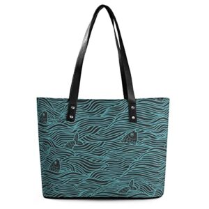 womens handbag sea fish and wave blue leather tote bag top handle satchel bags for lady