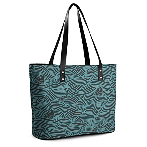 Womens Handbag Sea Fish And Wave Blue Leather Tote Bag Top Handle Satchel Bags For Lady