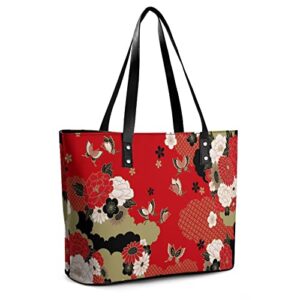 Womens Handbag Japanese Butterfly And Flowers Leather Tote Bag Top Handle Satchel Bags For Lady