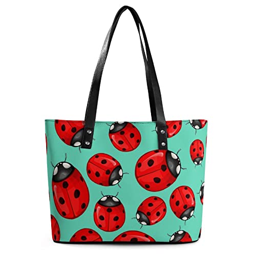 Womens Handbag Ladybug And Ladybird Green Background Leather Tote Bag Top Handle Satchel Bags For Lady