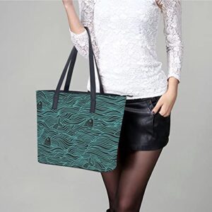 Womens Handbag Sea Fish And Wave Blue Leather Tote Bag Top Handle Satchel Bags For Lady