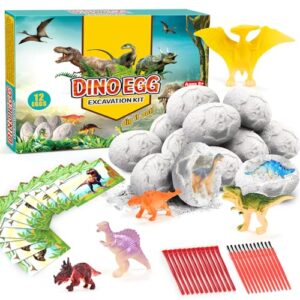 dino eggs dig kit, 12 pack dinosaur eggs excavation set, easter gift dinosaur toys science experiments kits with 12 cards, easter basket stuffers toys for 3 4 5 6 7 8 9 10 11 year old boys girl