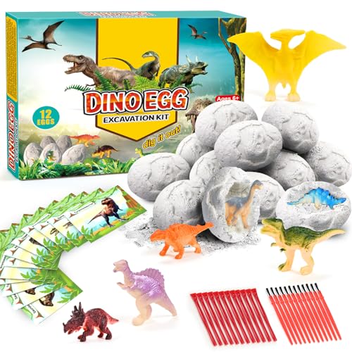 Dino Eggs Dig Kit, 12 Pack Dinosaur Eggs Excavation Set, Easter Gift Dinosaur Toys Science Experiments Kits with 12 Cards, Easter Basket Stuffers Toys for 3 4 5 6 7 8 9 10 11 Year Old Boys Girl