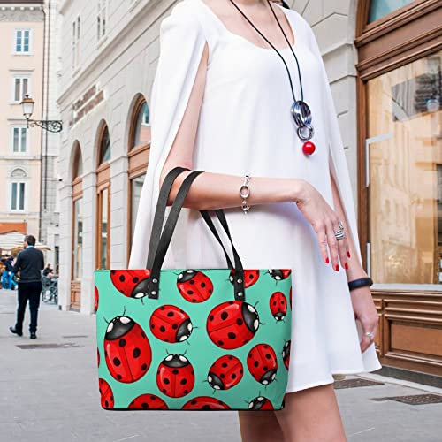 Womens Handbag Ladybug And Ladybird Green Background Leather Tote Bag Top Handle Satchel Bags For Lady