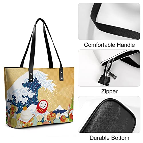 Womens Handbag Japanese Elements Japan Wave Leather Tote Bag Top Handle Satchel Bags For Lady