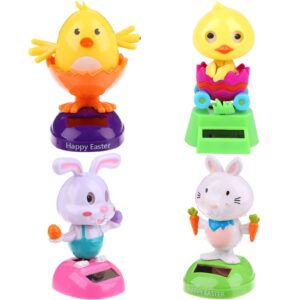 4 pack easter rabbit solar powered dancing toys bunny car shaking head dancer doll cute bunny chick swing figurines car windowsill decor valentine's day toys gift for car dashboard office desk decor