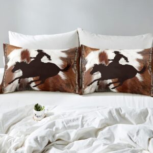 Western Cowboy Sheet Set King Size Brown Cow Fur Print Fitted Sheet Rustic Farmhouse Bedding Set 4Pcs for Kids Boys Men Teens Room Decor Horse Racing Themed Top Flat Sheet,2 Pillowcases