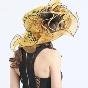 TLMNU Women Derby Church Hat Organza Flower Wedding Tea Party Fascinator Hat Wide Brim Sun Hat F5-Golden Hole