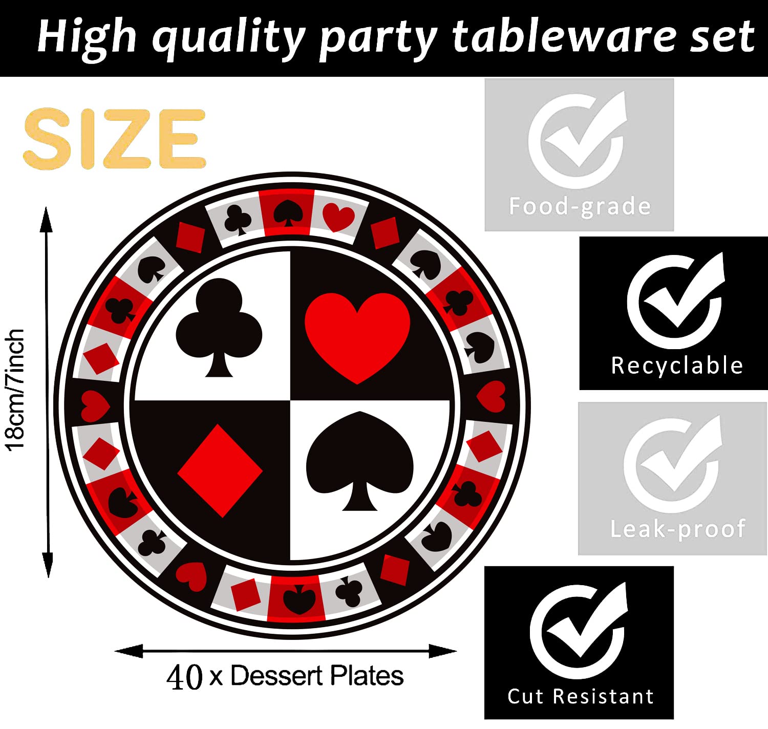 40 Pcs Casino Party Supplies Poker Paper Plates 7" Casino Party Plates for Casino Night Poker Game Theme Poker Card Playing Club Heart Poker Night Las Vegas Birthday Party Decorations (Poker)