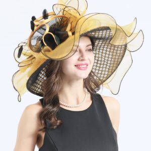 TLMNU Women Derby Church Hat Organza Flower Wedding Tea Party Fascinator Hat Wide Brim Sun Hat F5-Golden Hole