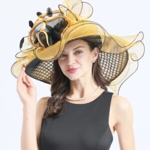 TLMNU Women Derby Church Hat Organza Flower Wedding Tea Party Fascinator Hat Wide Brim Sun Hat F5-Golden Hole