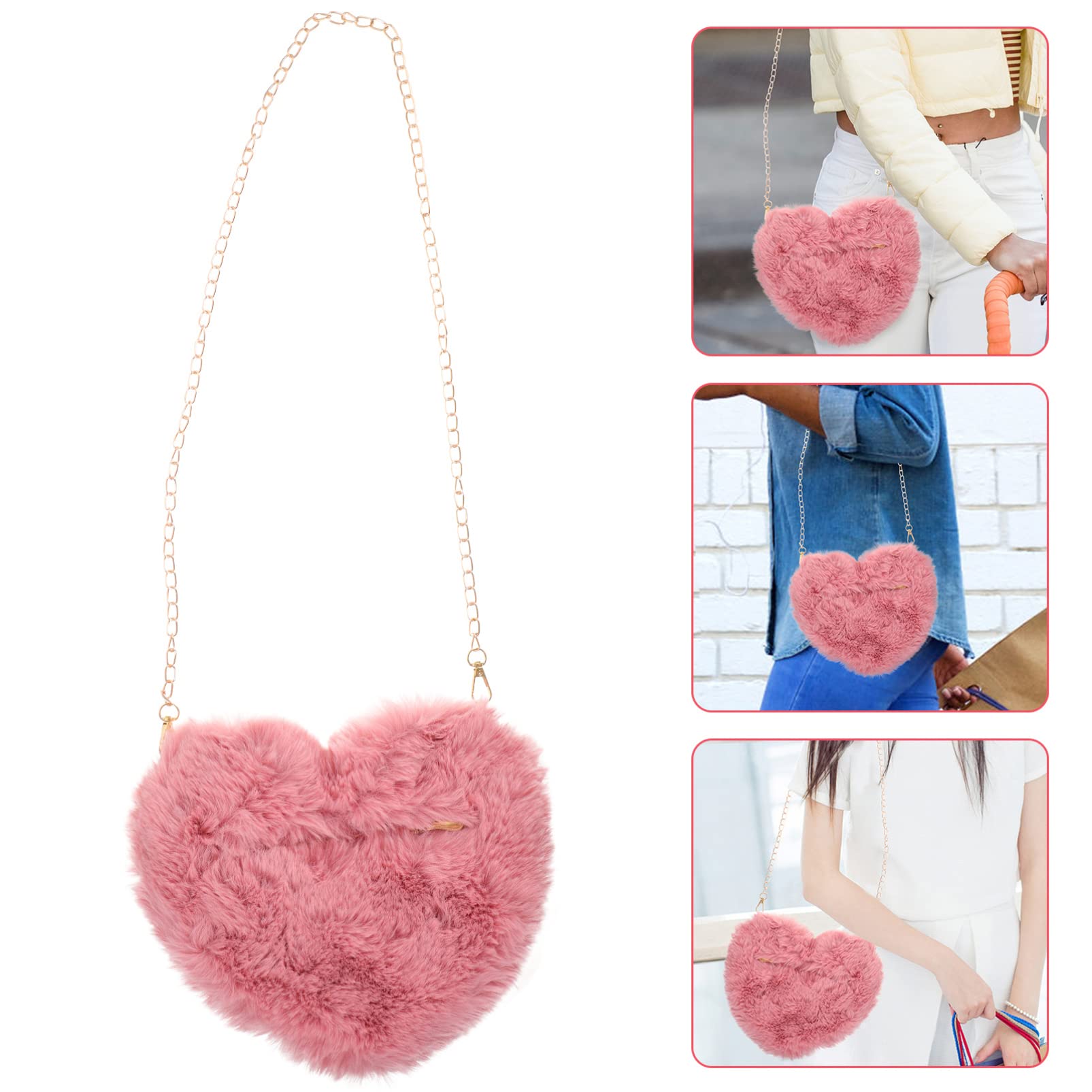 Womens Wallet Heart Shaped Purse Soft Fluffy Faux Fur Crossbody Bag Handbag Shoulder Bag with Chain for Women Girls Valentines Day Cute Backpack