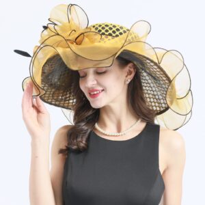 TLMNU Women Derby Church Hat Organza Flower Wedding Tea Party Fascinator Hat Wide Brim Sun Hat F5-Golden Hole