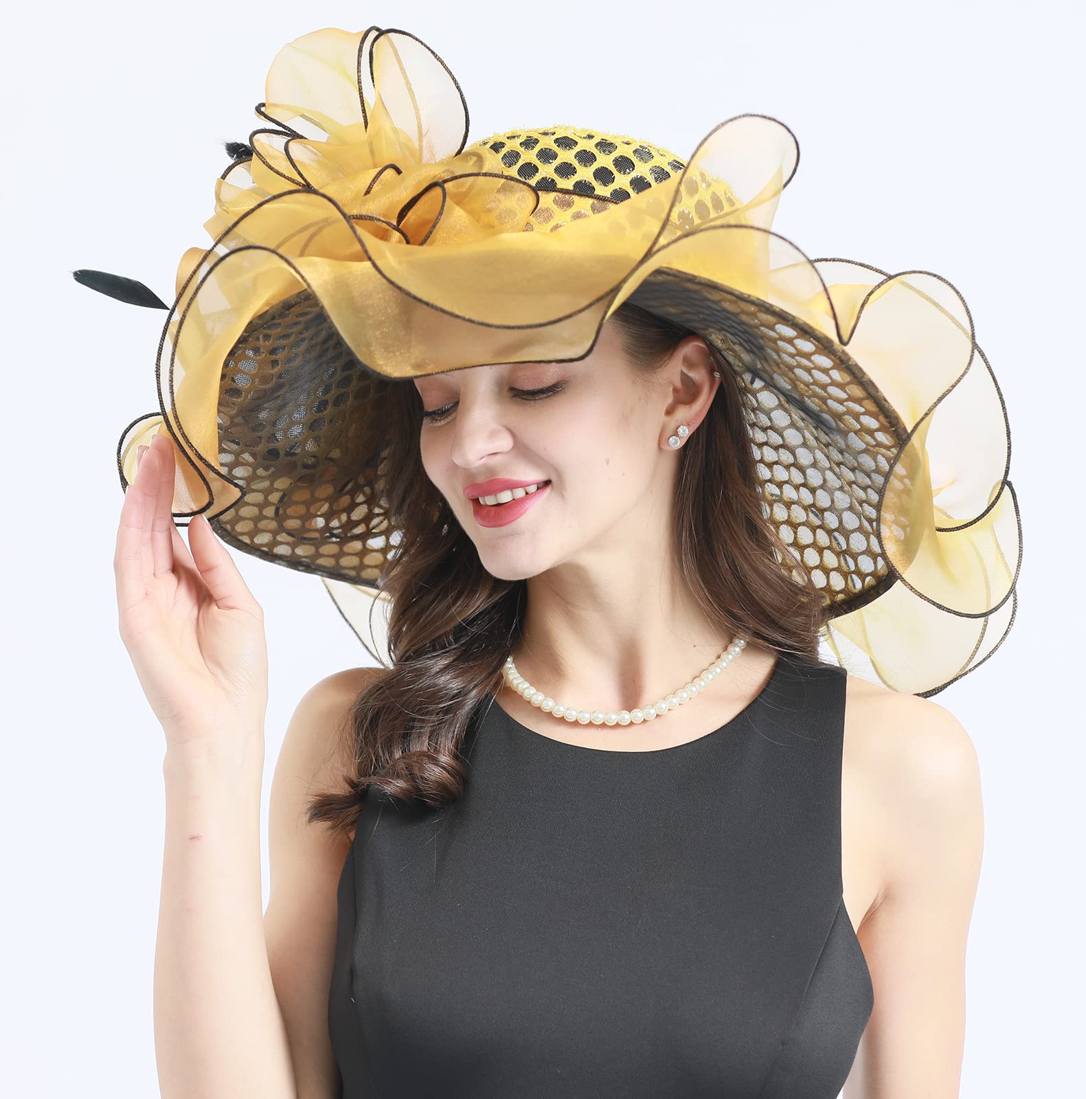 TLMNU Women Derby Church Hat Organza Flower Wedding Tea Party Fascinator Hat Wide Brim Sun Hat F5-Golden Hole