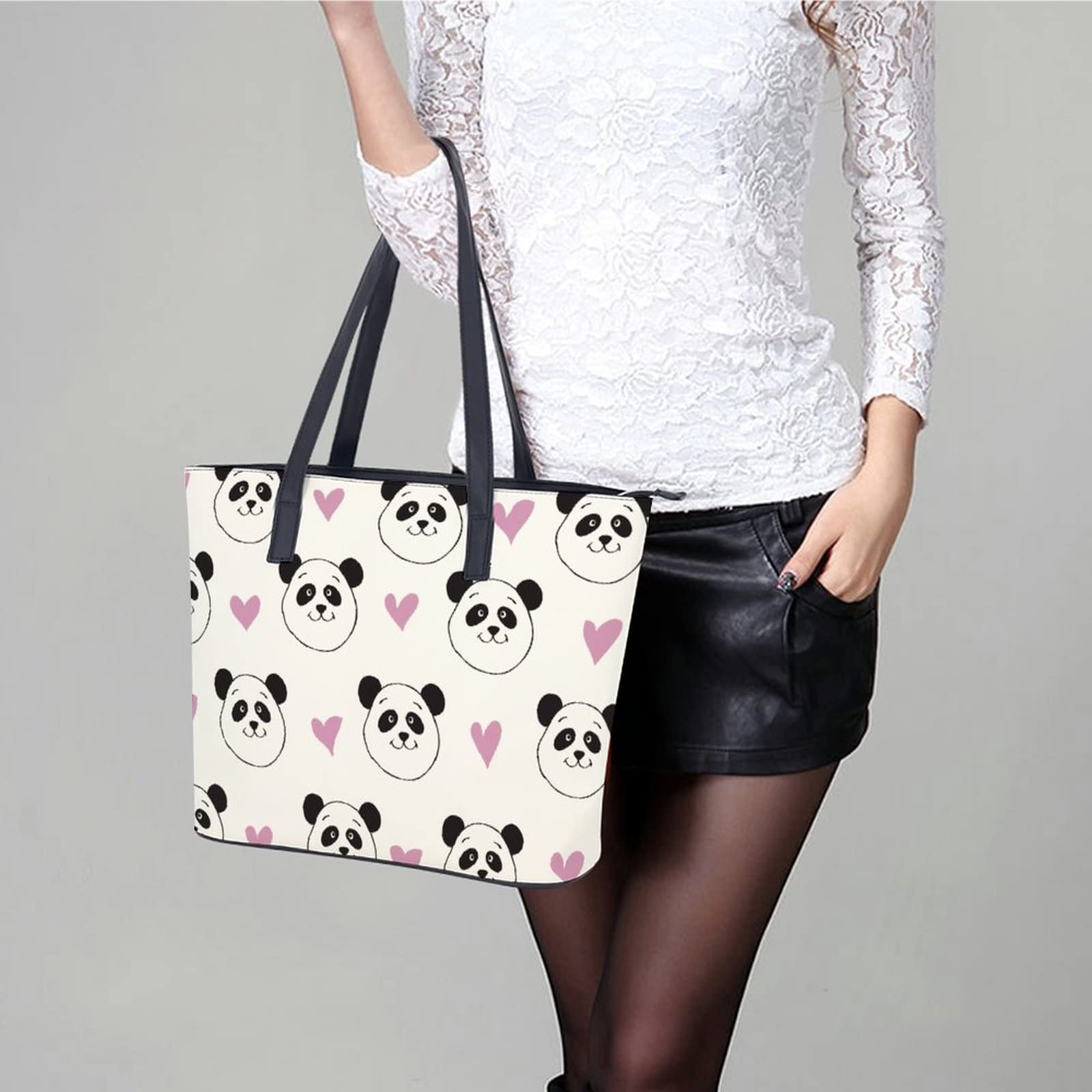 Womens Handbag Panda Patterns Leather Tote Bag Top Handle Satchel Bags For Lady