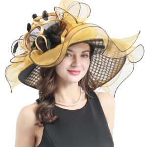 TLMNU Women Derby Church Hat Organza Flower Wedding Tea Party Fascinator Hat Wide Brim Sun Hat F5-Golden Hole