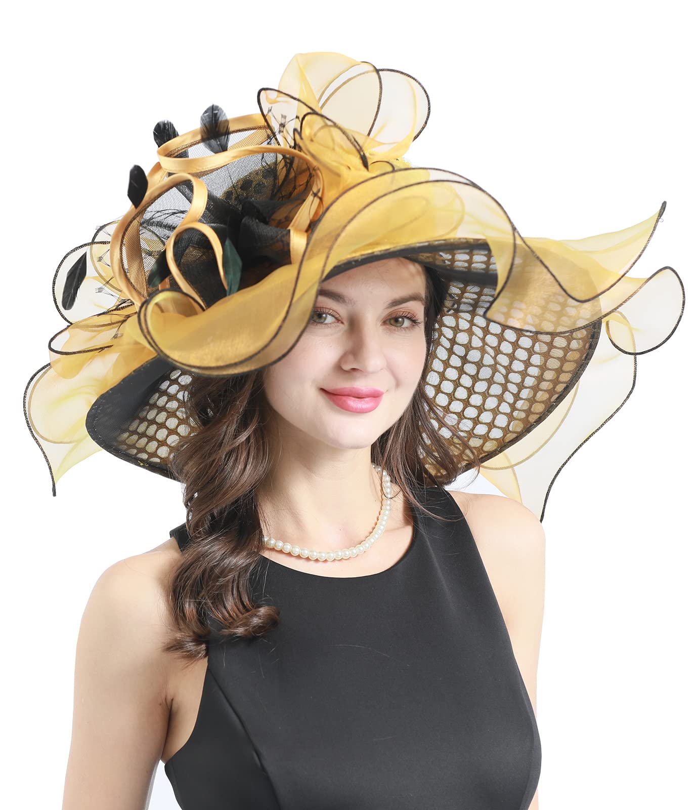 TLMNU Women Derby Church Hat Organza Flower Wedding Tea Party Fascinator Hat Wide Brim Sun Hat F5-Golden Hole