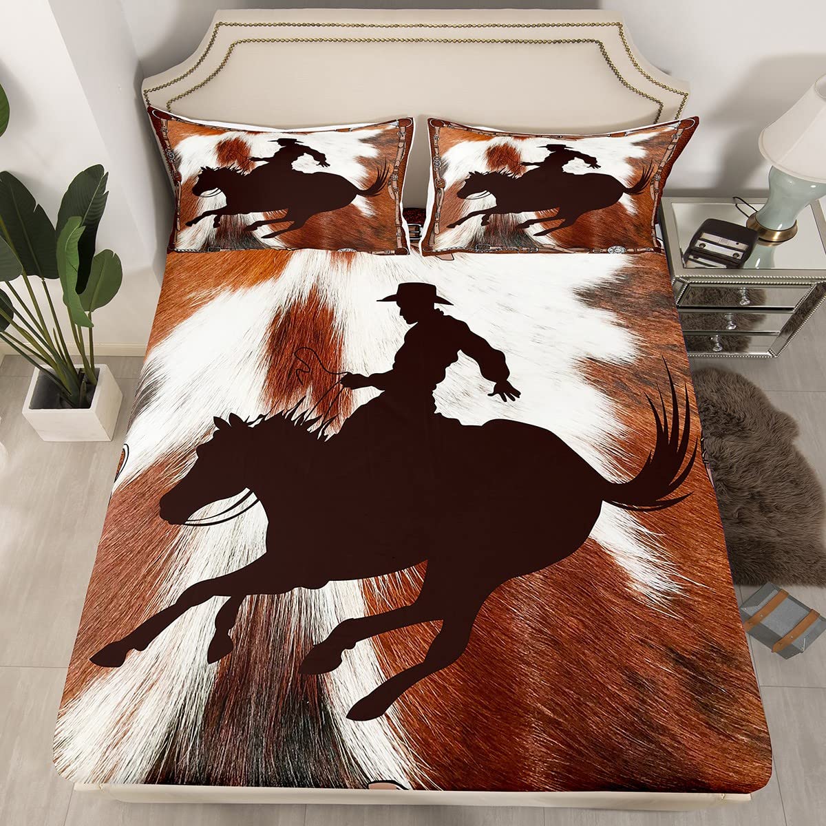 Western Cowboy Sheet Set King Size Brown Cow Fur Print Fitted Sheet Rustic Farmhouse Bedding Set 4Pcs for Kids Boys Men Teens Room Decor Horse Racing Themed Top Flat Sheet,2 Pillowcases