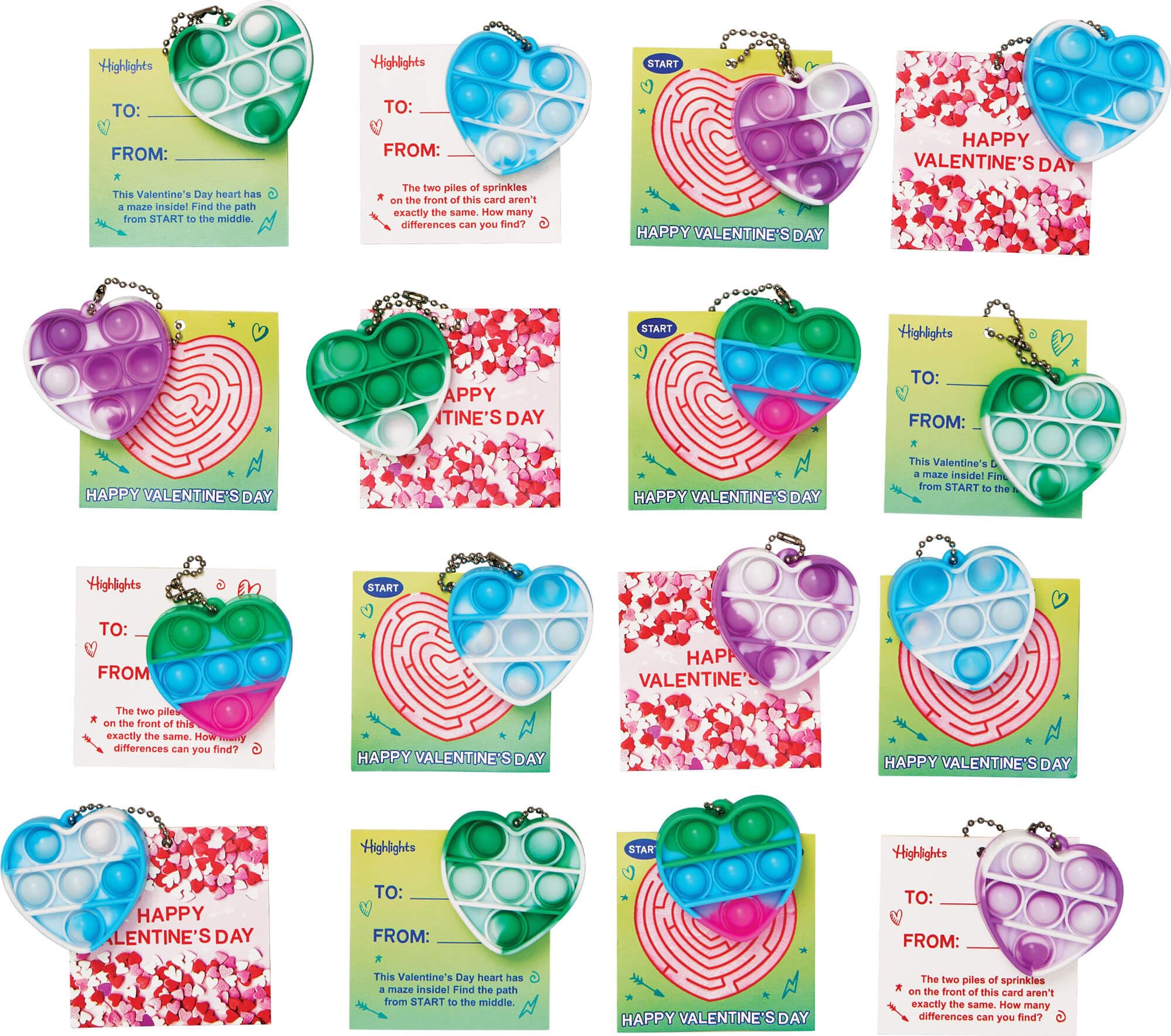 Highlights for Children Pop-It Valentine Cards for Kids Classroom Exchange, 24-Pack of Puzzle Valentine's Day Cards with Heart Shaped Keychain Fidget Toys