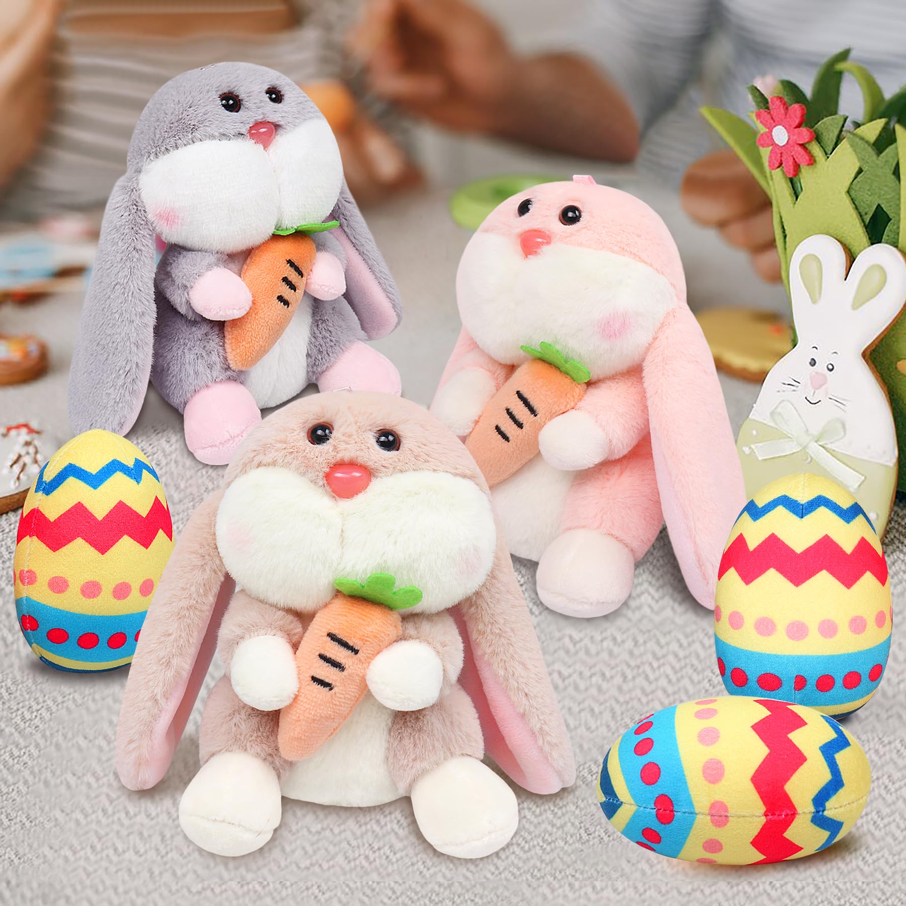 Fortuning's JDS Easter Basket Stuffers, Kawaii Bunny Stuffed Animals with Colorful Eggs as Easter Plush Gift for Kids, Mini Rabbit Plush Pillow Toys(6 Pieces,4.72")