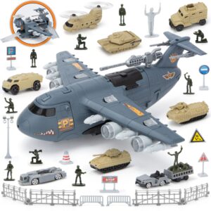 xduoyjoy military airplane toy, army toys fighter jet with 8 vehicles, army men trucks airplanes helicopter car kits birthday gift for boys age 4-7