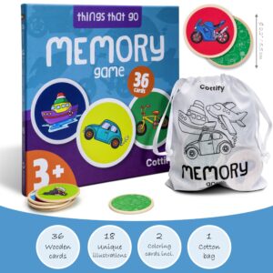 Montessori-Inspired Wooden Matching Game for Toddlers 2-4 Years - Things that Go - Durable, Scratch-Resistant 36 Card Set, Includes Carry Bag - Memory Game for Toddlers 2-4 Years - Means of Transport