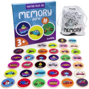 montessori-inspired wooden matching game for toddlers 2-4 years - things that go - durable, scratch-resistant 36 card set, includes carry bag - memory game for toddlers 2-4 years - means of transport