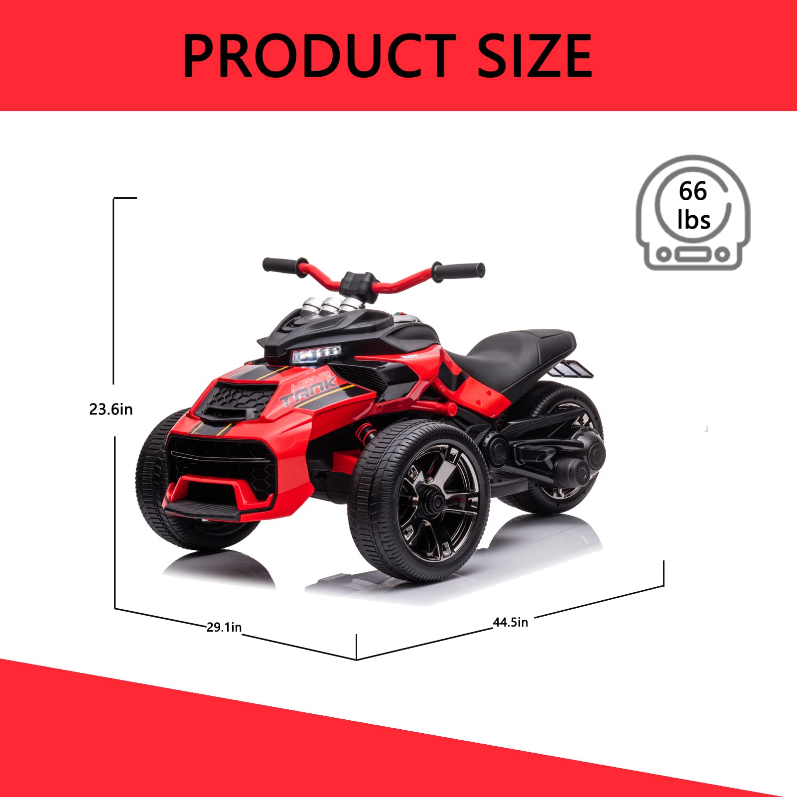 POSTACK Kids ATV, 24V Battery Powered Electric Car 3 Wheeler, Ride on Motorcycle for Kids with Rubber Plastic Polymerized EVA Tire, LED Lights, Music, Gift for Toddlers Boys Girls, Red