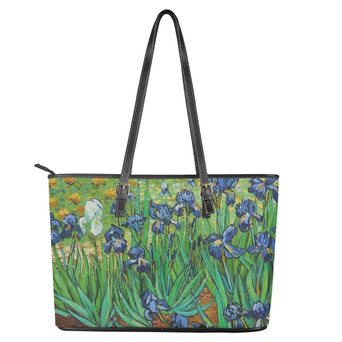 KIDVOVOU Vincent Van Gogh Tote Bag Zipper Top Handle Handbags PU Leather Adjustable Shoulder Bags,Van Gogh Irises