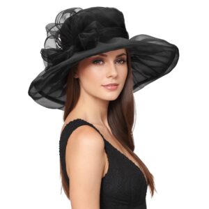 Zando Kentucky Derby Hats for Women Fashionable Church Hats for Women Organza Victorian Hat Fancy Tea Party Hats Wedding Fascinator Hats for Women Organza Derby Hat for Women Funeral Sun Hat Black Hat