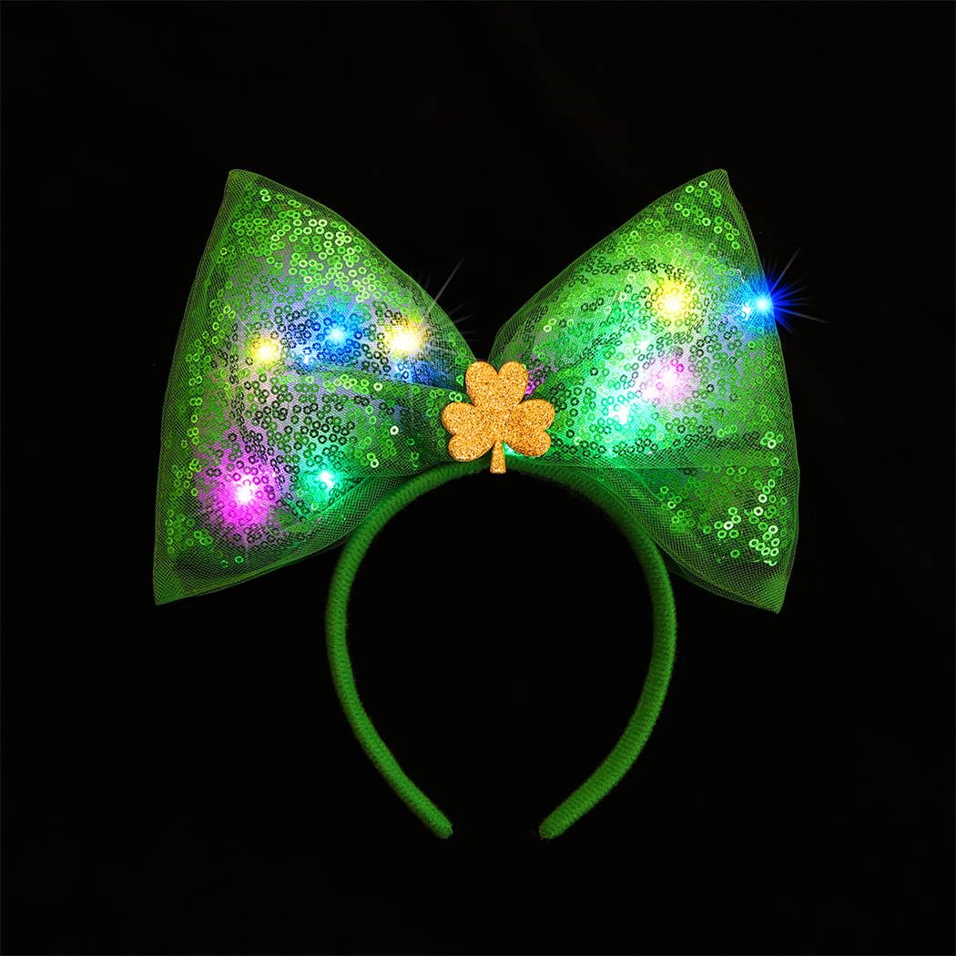 JONKY St Patricks Day Headband Light Up Green Bow Hair Band LED Irish Headbands Shamrock Costume St Pattys Day Accessories for Women and Girls