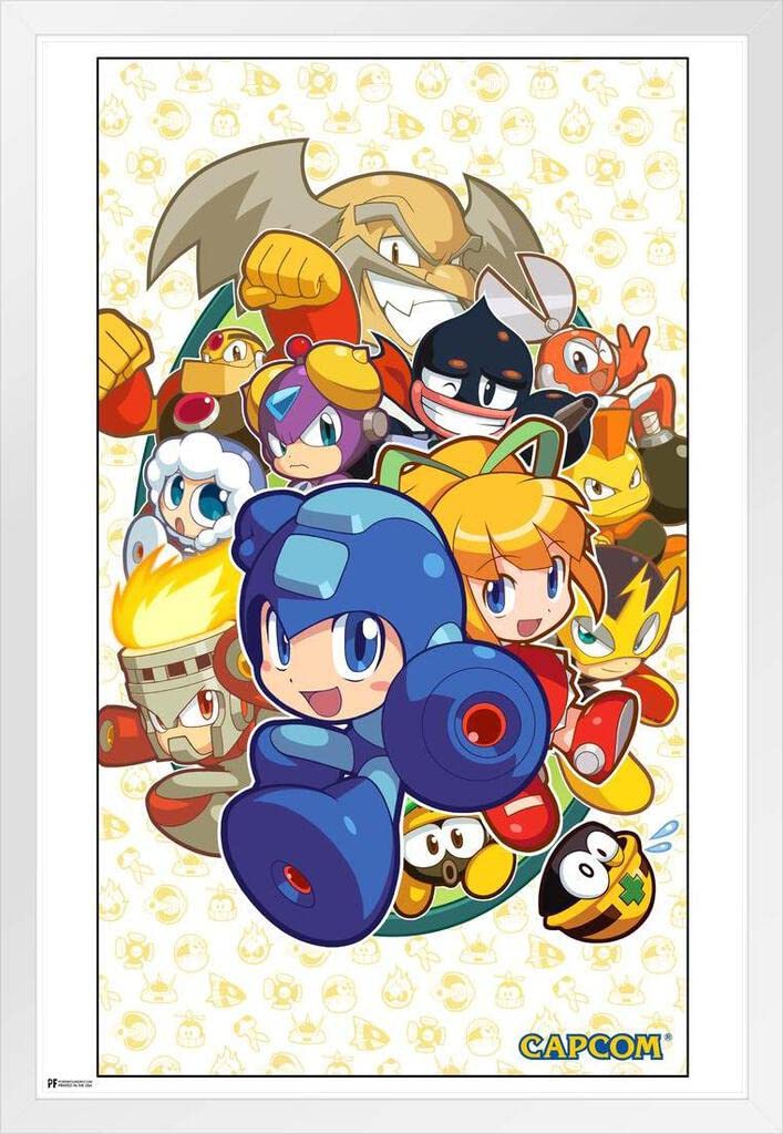 Mega Man Chibi Art Video Game Video Gamer Classic Retro Vintage 90s Gaming MegaMan Capcom Legacy Collection Megaman 11 Mega Man X Dr Wily White Wood Framed Poster 14x20