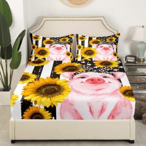 Cute Pig Kids Sheet Queen Size,American Flag Retro Bedding Set,Girls Boys Adults Bedroom Decor,Sunflowers Cartoon Animals Kawaii Rustic Farmhouse Bed Sheet Set 4pcs(Fitted + Flat + 2 Pillowcases)