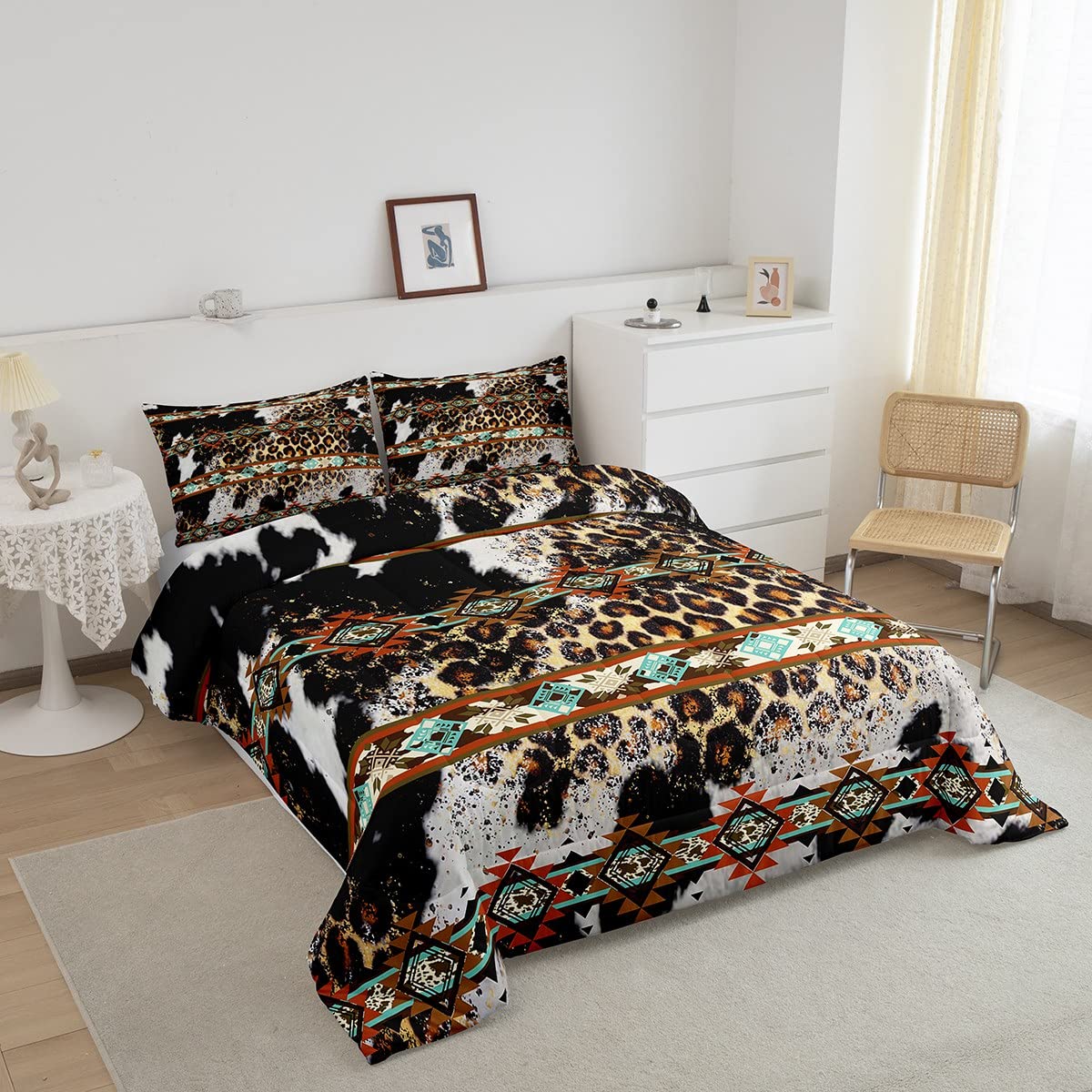 Erosebridal Cheetah Print Comforter Set Western Bedding Sets Full,Exotic Aztec Quilt Black and White Cowhide Cow Print Duvet Insert,Farm Animals Bull Skin Room Decor Cowboys Gifts for Women