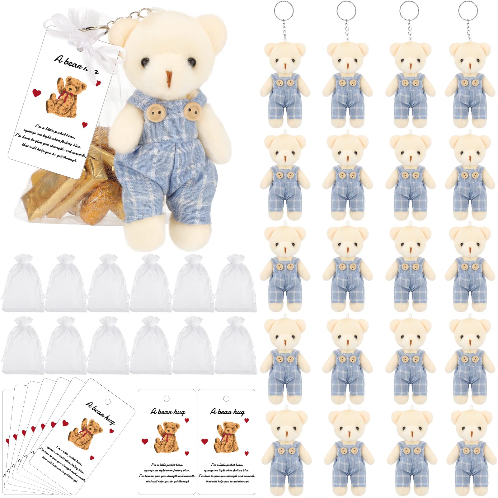 20 Sets Miniature Bear with Clothes Stuffed Plush Bear Decorations, 4.7 Inch Bears Baby Shower Doll Favors Bear Hug Gift Card White Organza Bags for Guest Baby Shower Souvenirs Birthday Party (Blue)